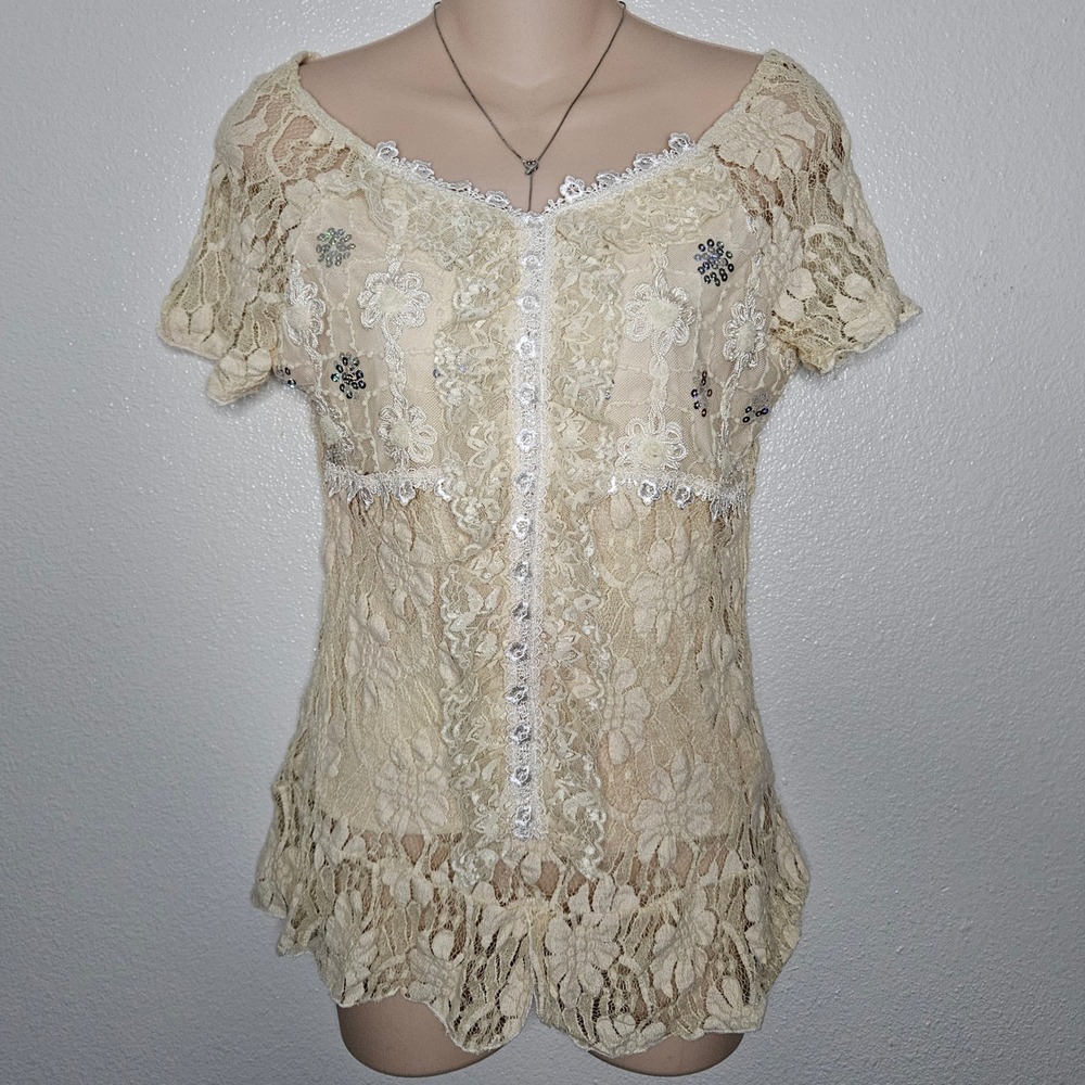 Vintage Y2k Cream Floral Lace Sequin Blouse Top Cottagecore Boho